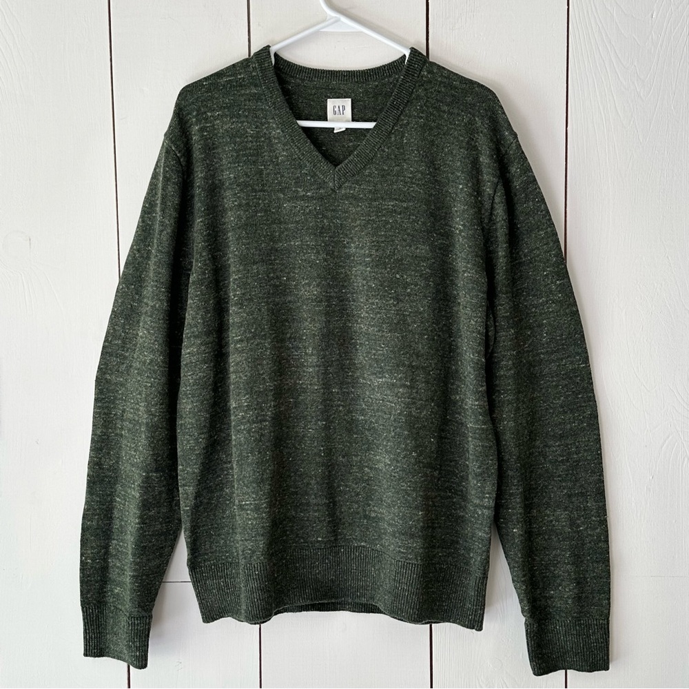 Gap V-Neck Sweater Sz L Heathered Forest Green Cotton Blend